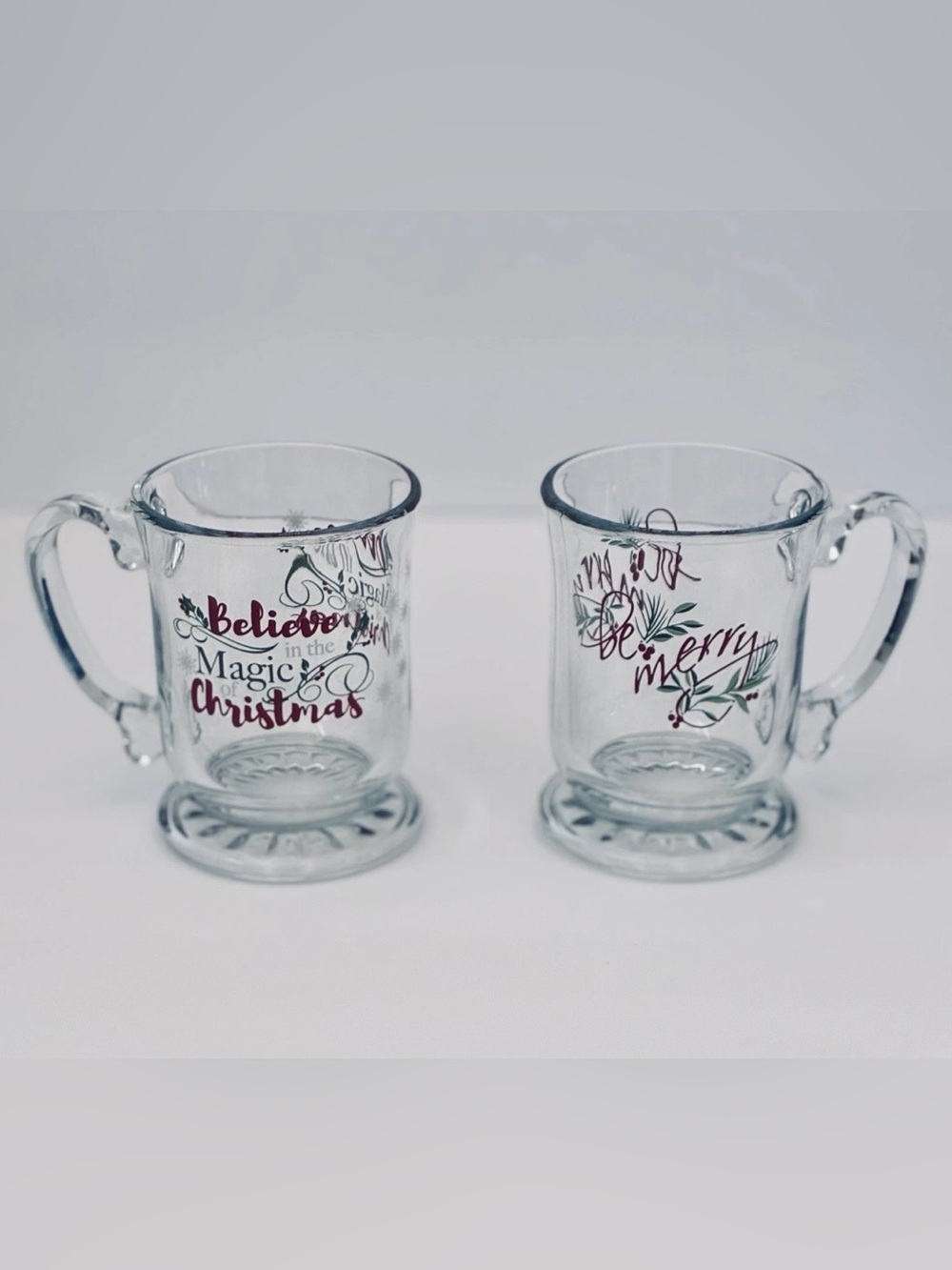 Libby Holiday Clear Glass Coffee Mugs Footed Base Set Of 2